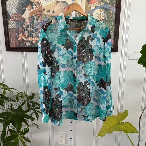 Additions by Chico’s Floral Button-Up Blouse women’s XL (Chicos size 3) sheer - Picture 4 of 5
